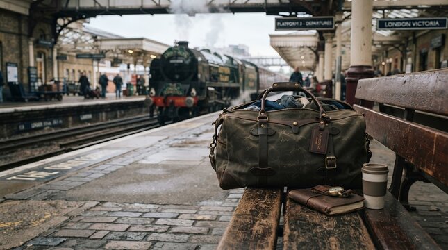 Vintage steam train at station with luggage and coffee on bench.