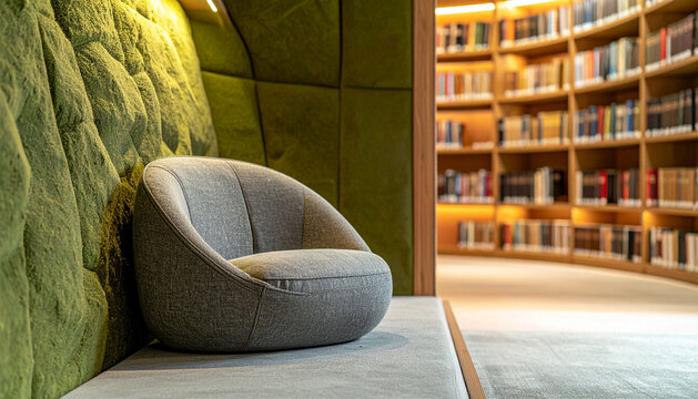 Quiet acoustic reading pod in public library with soft felt walls single upholstered seat and warm indirect light beside blurred bookshelves generative AI