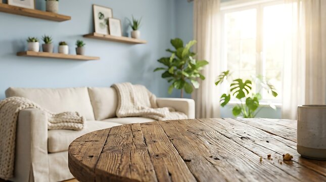 Rustic round wooden table surface in a bright living room with a beige fabric sofa with stands foreground bright shelves potted plants