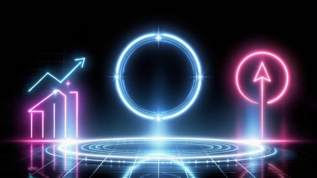 Neon glowing graph, bull market and circle target in dark background. Technological, business and financial concept. ..Created with Generative AI, not depicting real subjects.