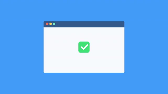 Animated video showing a computer cursor clicking a button and triggering a green confirmation checkmark inside a web browser window on a blue background.