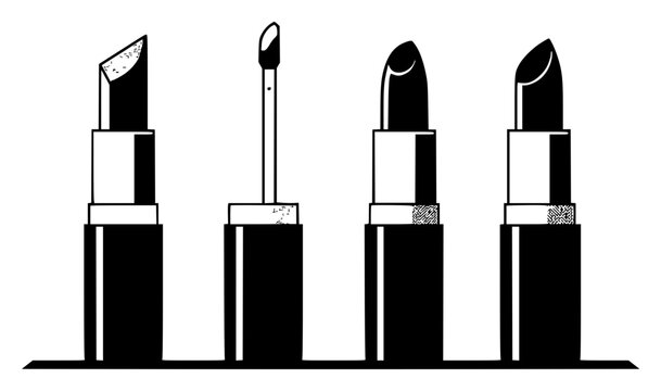 Four lipstick tubes in row set with simple line art design featuring line art, illustrations, graphic resources with vector and design elements