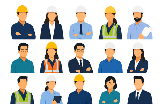 Construction and engineering worker avatar collection in flat vector design