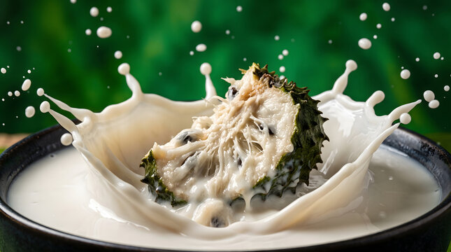 Soursop fruit splashing into a bowl of milk creating dynamic ripples and a refreshing visual.