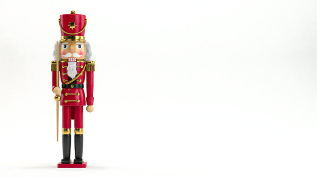 Traditional toy soldier nutcracker standing isolated on white background