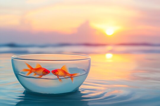 Graceful goldfish glowing in bowl under warm sunset high resolution picture