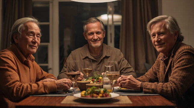 Man in mid forties at warm home dining table with elderly parents and teenage child in warm neutral clothes in soft evening light generative AI