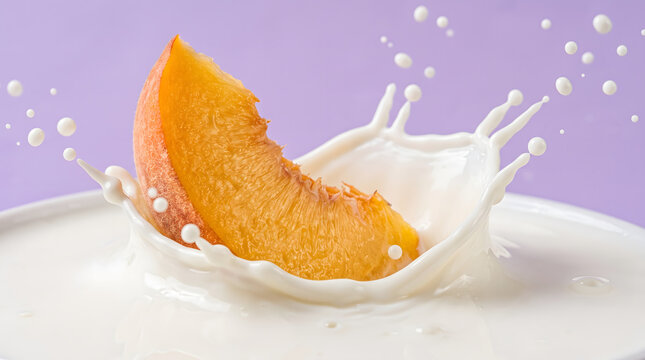 A slice of fresh peach splashing into a bowl of creamy white milk.