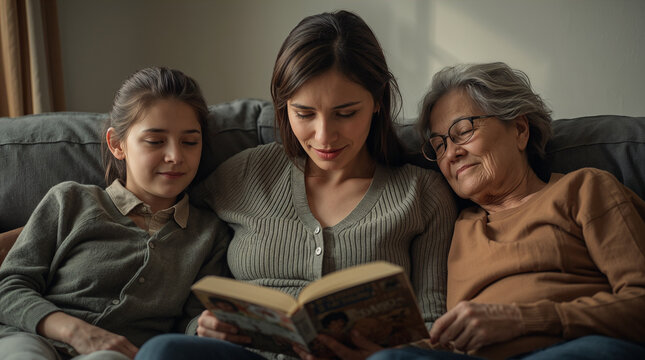 Woman in mid forties in warm sage cardigan sitting between ten year old daughter and elderly mother on soft sofa in afternoon light generative AI