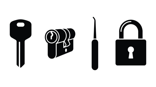 Key Wallet Lockpick And Padlock Silhouettes On White Background