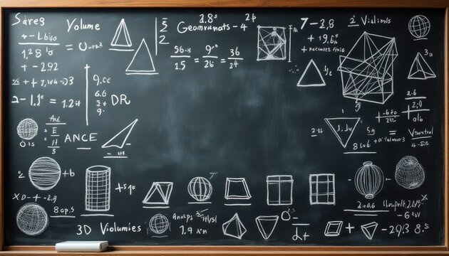 Chalkboard with hand drawn geometric shapes and math background texture