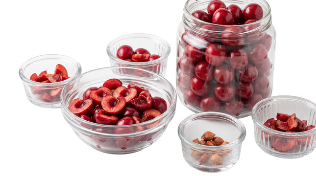 Fresh red cherries in glass jars and bowls, pitted cherry halves for baking, organic summer fruit preparation for jam and desserts isolated PNG with Transparent Background