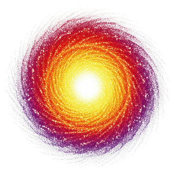 A radiant spiral galaxy with vibrant cosmic particles swirling inward from a bright core against a pristine white background
