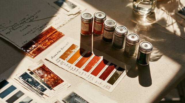 Vintage Photography Development Color Swatches and Film Canisters Table Setup