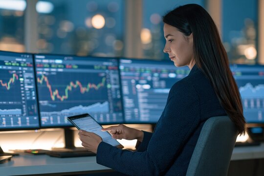 woman seated at modern workstation surrounded by three large monitors displaying financial charts candlestick graphs and numerical indicators while comparing data on tablet under cool office lighting