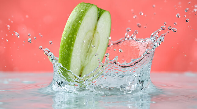 Green Apple Slice Splashing Into Clear Fresh Water.