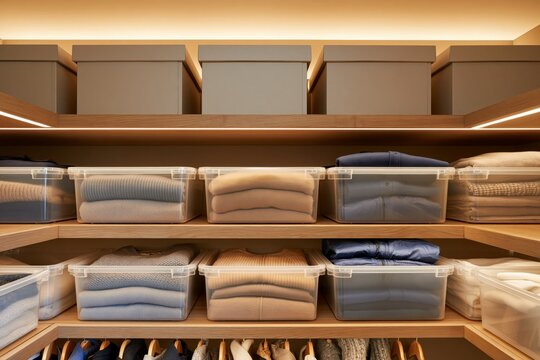 Straight on view of organized walk in closet with folded sweaters jackets and linens stored in clear plastic containers on wooden shelves above stacked plain storage boxes under warm ceiling lighting