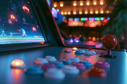 Close-up of vintage arcade machine control panel with glowing joystick and colorful buttons reflecting neon light from pixelated game screen