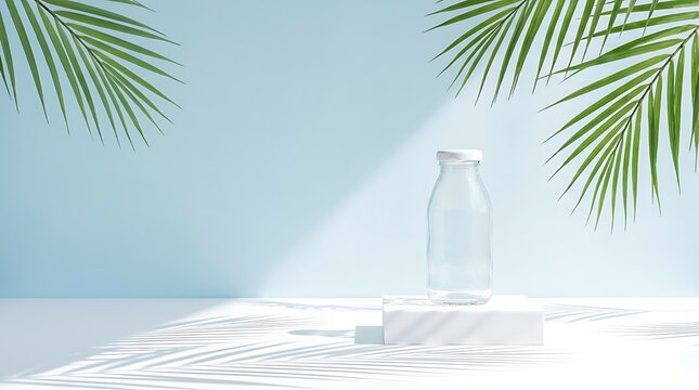 Clear glass bottle standing on a white square pedestal against a light blue wall background with square platform palm shadows cast light
