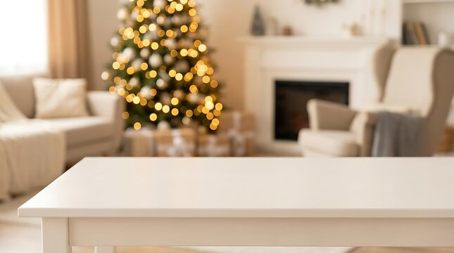 Empty white table in a cozy living room decorated for the winter holiday season interior