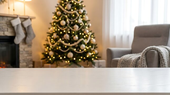 Empty white wooden table surface in front of a blurred decorated christmas tree in living room with foreground blurred festive tree fireplace background