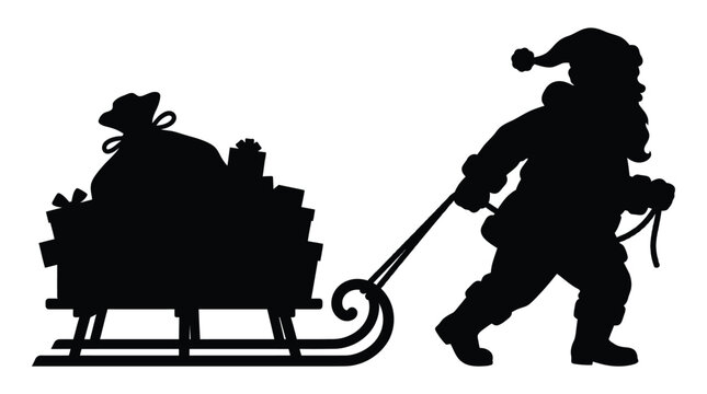 Santa Claus silhouette pulling a wooden sleigh full of gifts. Christmas Father pulling a heavy sled with presents. Holiday vector illustration. isolated on White Background