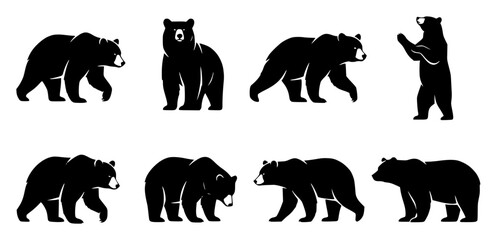 Fototapeta premium Black bear silhouette poses set with simple line art design featuring sketches, drawings, vector graphics with minimalist and simple illustrations