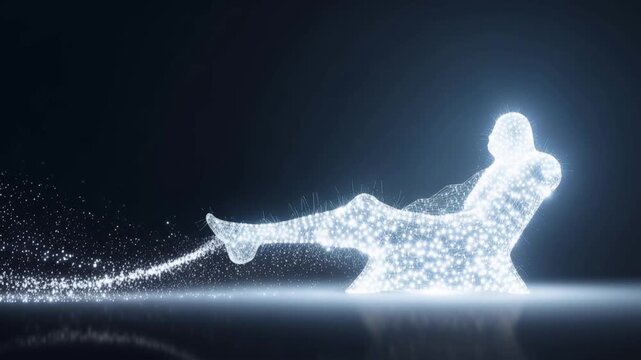 A luminous, ethereal figure, seemingly composed of sparkling water or light, reclines on a futuristic chair, trailing a shimmering wake. ..Created with Generative AI, not depicting real subjects.