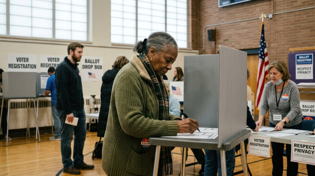 Side Angle of official Poll Workers Providing Assistance to Citizens at Voting Check-in
