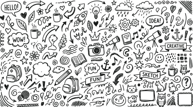 Vector illustration of black white doodle pattern with likes comments cameras speech bubbles hearts, communication icons