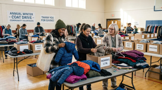 Community Volunteers Sorting Warm Jackets at Annual Winter Coat Drive