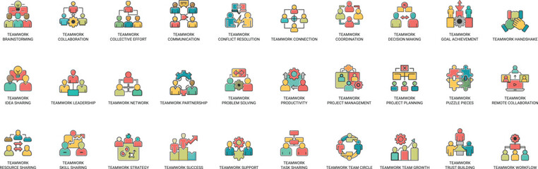 Naklejka premium Teamwork line icon set with colorful flat design elements for business