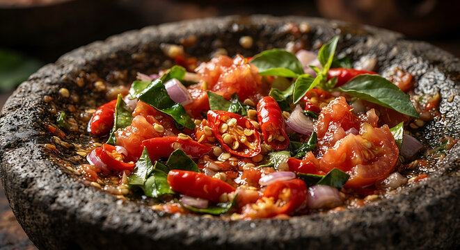 Traditional Indonesian Spicy Sambal Matah or Chili Paste in Stone Mortar Cobek