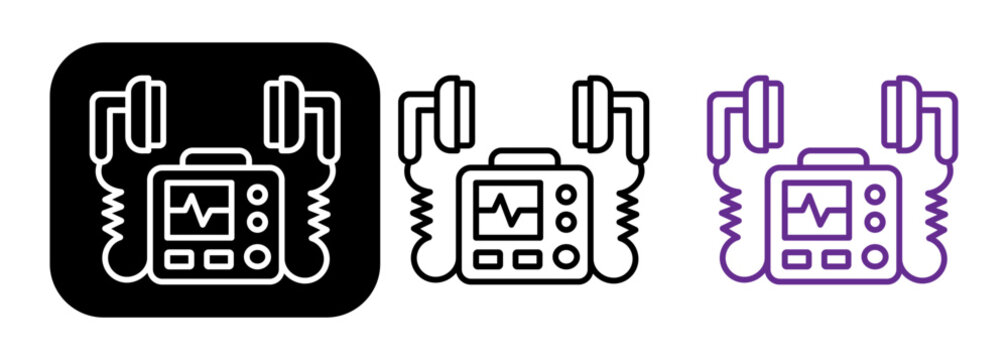 Vector icon of a defibrillator used for emergency resuscitation. It shows a medical device with controls and cables. It represents defibrillation, first aid, heart treatment, and emergency care.