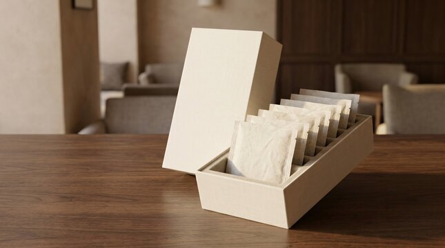 Blank tea sachet box mockup on wooden table in cafe