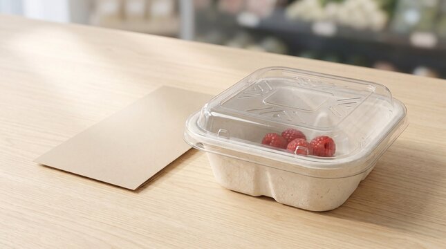 Sustainable biodegradable food container with fresh raspberries on wooden counter