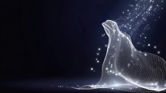 An abstract digital representation of a dog, formed by glowing white lines and particles, emerges from a dark background. ..Created with Generative AI, not depicting real subjects.