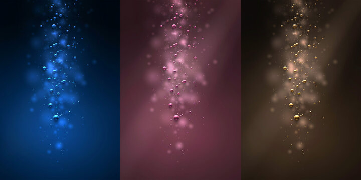 Abstract backgrounds with floating glowing particles in blue, pink, and bronze color variations
