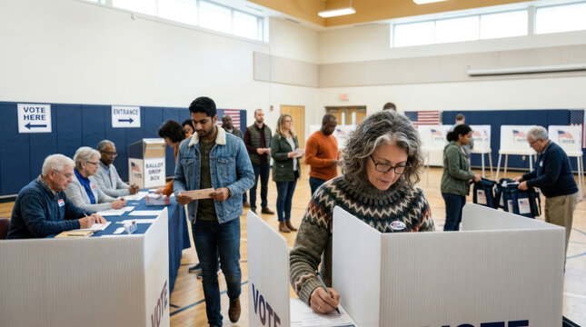 Smiling Young Woman Holding Ballot Paper at Election Day Ballot Drop Box