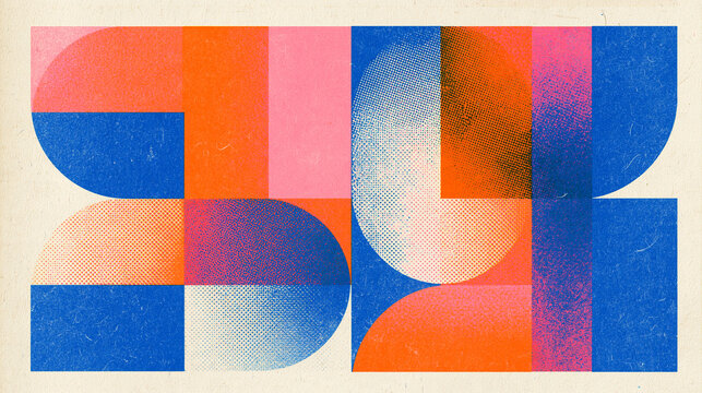 Abstract Geometric Composition with Colorful Shapes and Retro Grain Texture