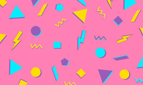 Abstract 90s style memphis pattern with colorful geometric shapes on a vibrant pink background