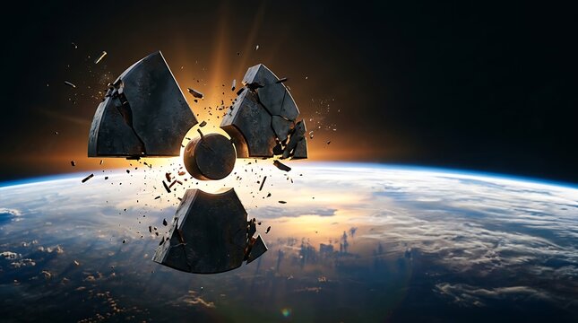 A shattered radioactive symbol floating above the planet Earth in space.