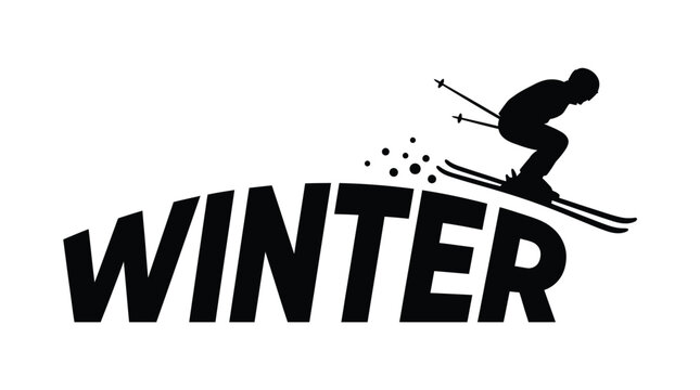 Winter sports typography with skier silhouette, downhill skiing graphic element, black minimalist winter text vector isolated on White Background