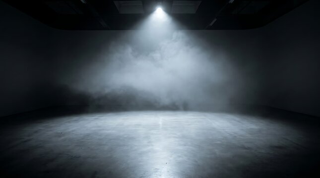 A single bright spotlight shines down onto a dark concrete floor filled with thick fog with overhead spotlight illuminates thick swirling atmospheric