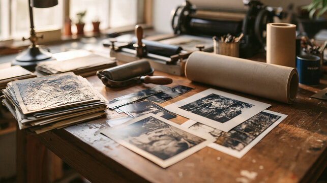 Vintage Printmaking Workshop Table with Ink Roller Prints and Paper