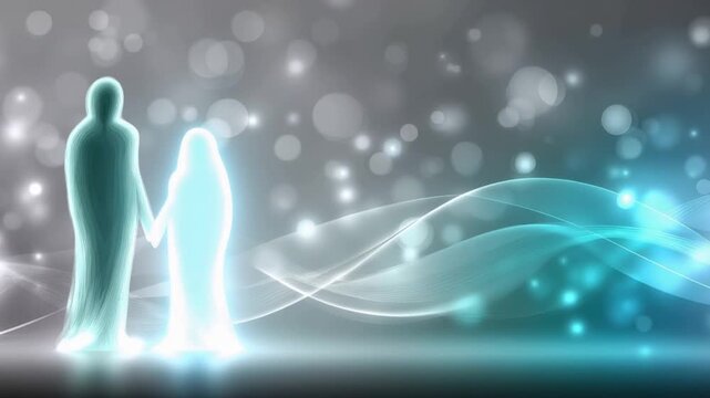 Two ethereal figures, holding hands, embody a profound connection and shared journey, bathed in a soft. ..Created with Generative AI, not depicting real subjects.