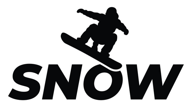 Snowboarder silhouette jumping over snow text, black winter sports logo, extreme snowboarding vector graphic for apparel isolated on White Background