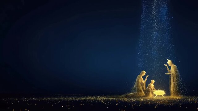 A luminous nativity scene depicts the holy family with glowing figures in a dark expanse, a divine light showering down upon them. ..Created with Generative AI, not depicting real subjects.