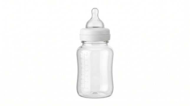 Clear plastic baby bottle with white cap and silicone nipple, empty infant feeding bottle for milk or formula, newborn nursery essential isolated PNG with Transparent Background