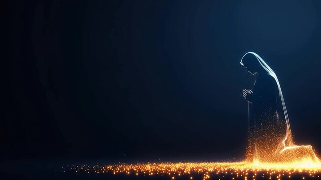 A silhouette of a person kneeling in prayer, illuminated by a radiant golden light emanating from below. ..Created with Generative AI, not depicting real subjects.